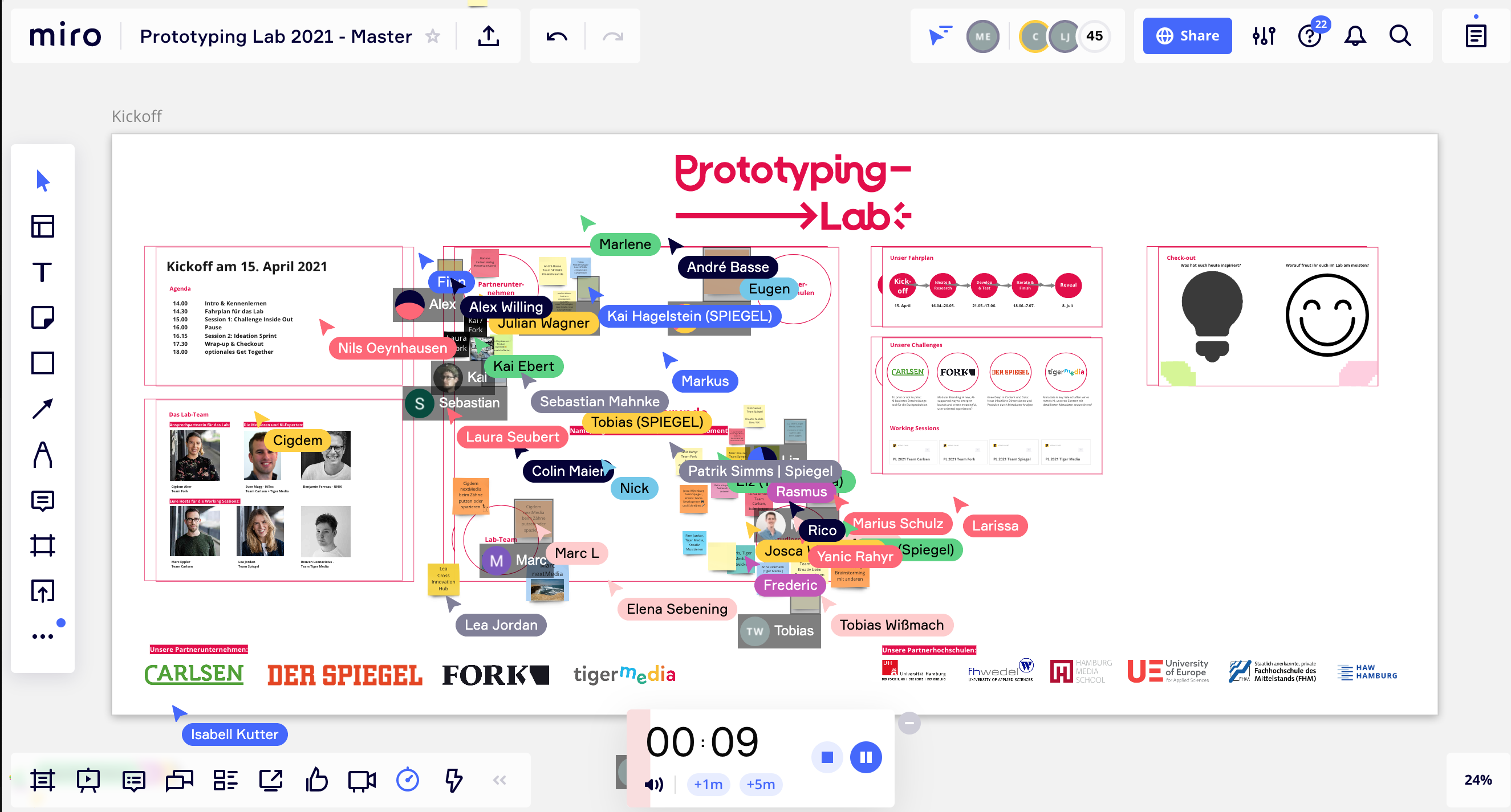 Miro Board für den Start des Prototyping Lab 2021. Zeigt eine Projektübersicht mit Teammitgliedern, Tagesordnung, Partnerlogos und interaktiven Elementen. Enthält bunte Haftnotizen mit Namen, Projektphasen und Ideen, die auf dem digitalen Whiteboard verteilt sind. nextMedia.Hamburg